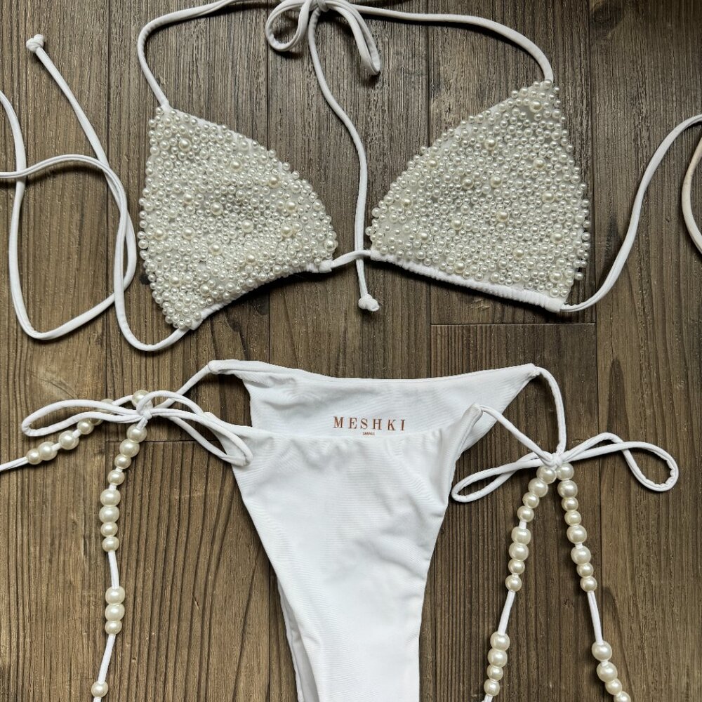 Meshki White Pearl Bride Bachelorette Small - Medium Tie Bikini Swimwear - New